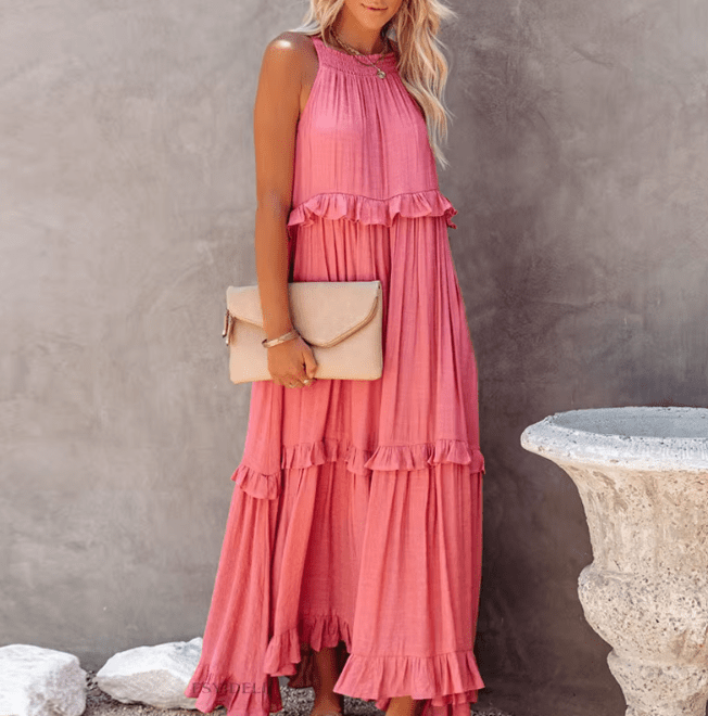 Vestido largo de playa Celeste con bajo de volantes