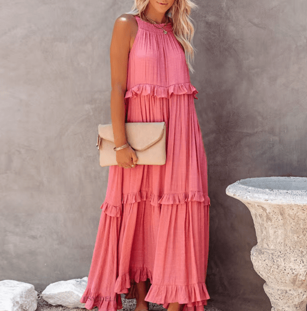 Vestido largo de playa Celeste con bajo de volantes