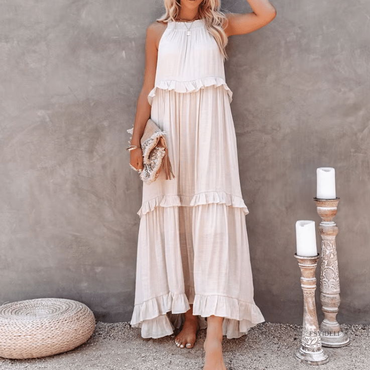 Vestido largo de playa Celeste con bajo de volantes