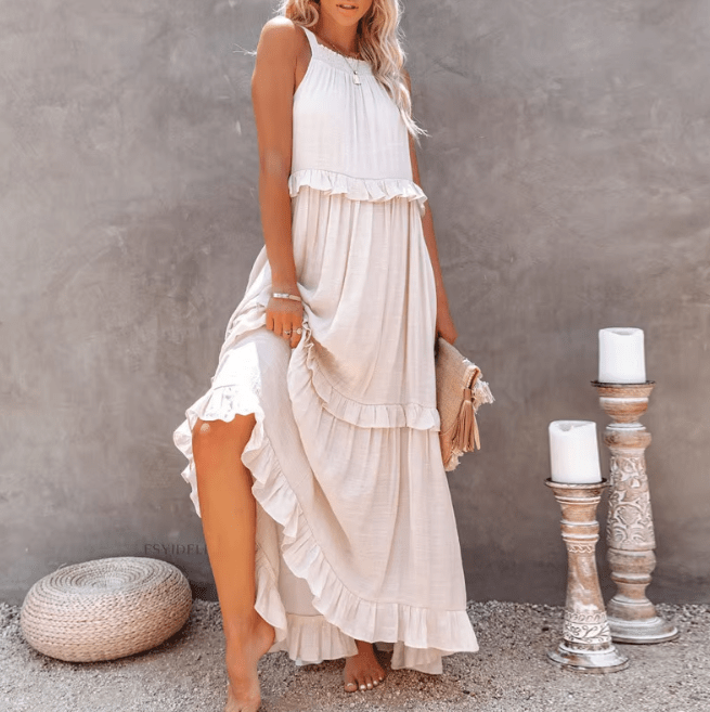 Vestido largo de playa Celeste con bajo de volantes