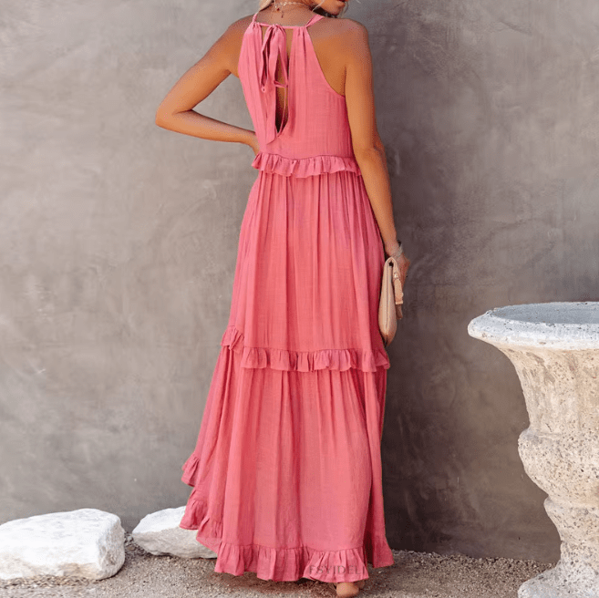 Vestido largo de playa Celeste con bajo de volantes
