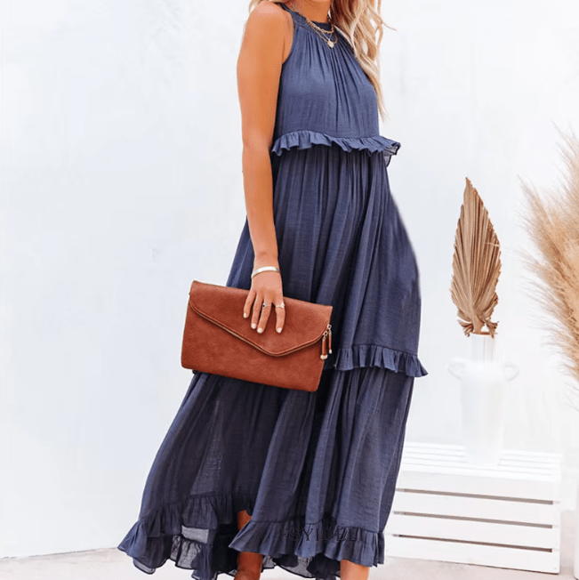 Vestido largo de playa Celeste con bajo de volantes
