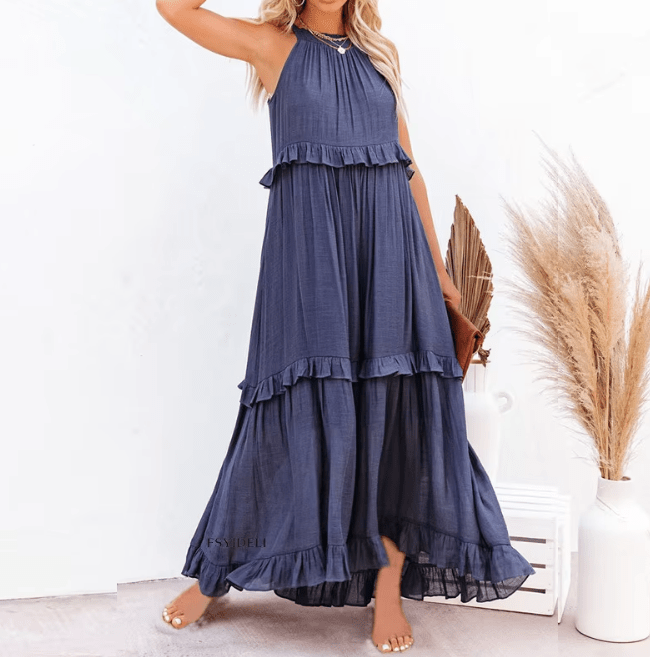 Vestido largo de playa Celeste con bajo de volantes