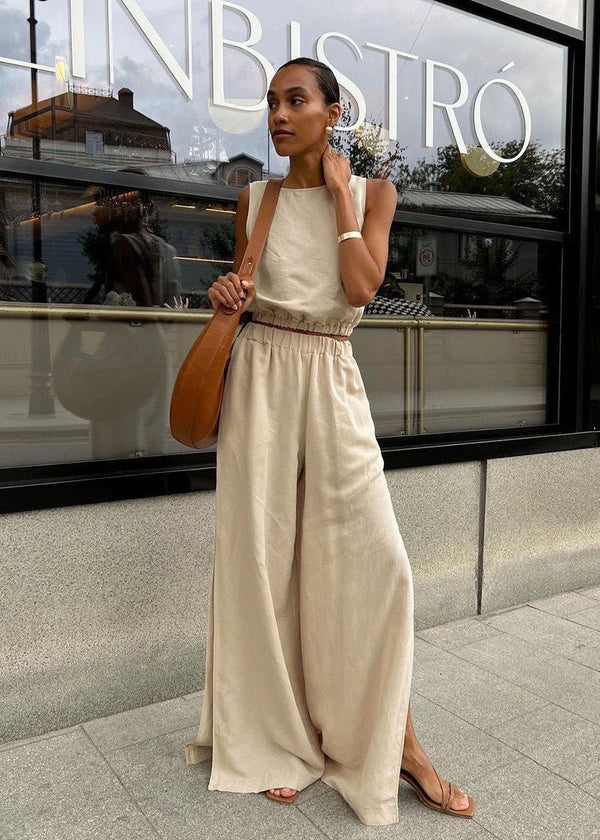 Conjunto de pantalones palazzo de pierna ancha Celeste