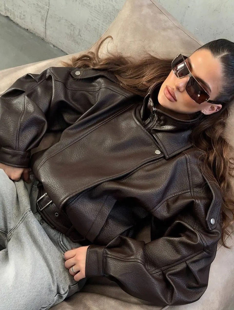 Chaqueta de cuero con cinturón Denise