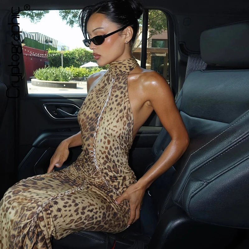 Vestido largo halter Denise de estampado de leopardo