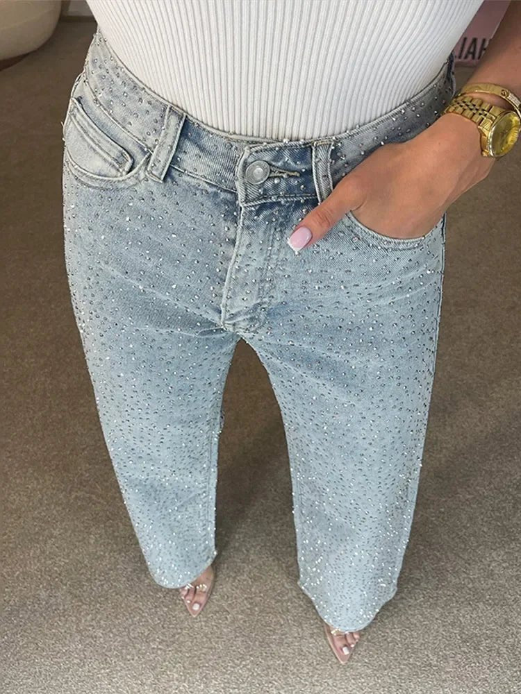 Pantalones vaqueros de pierna ancha con pedrería Eliana