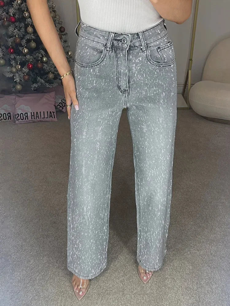 Pantalones vaqueros de pierna ancha con pedrería Eliana
