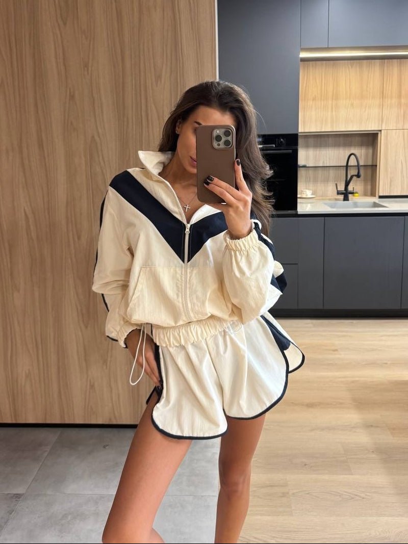 Conjunto de cortavientos y shorts con estampado de chevrones Ellen
