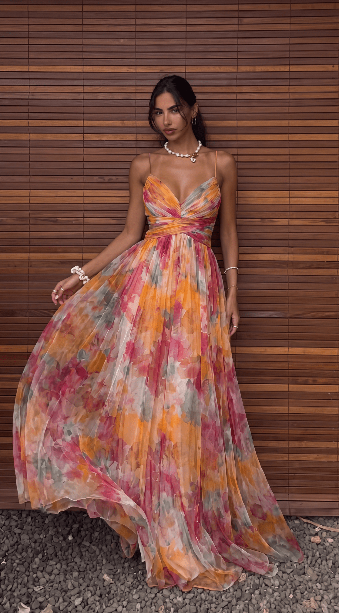 Vestido largo de malla con estampado floral Emma