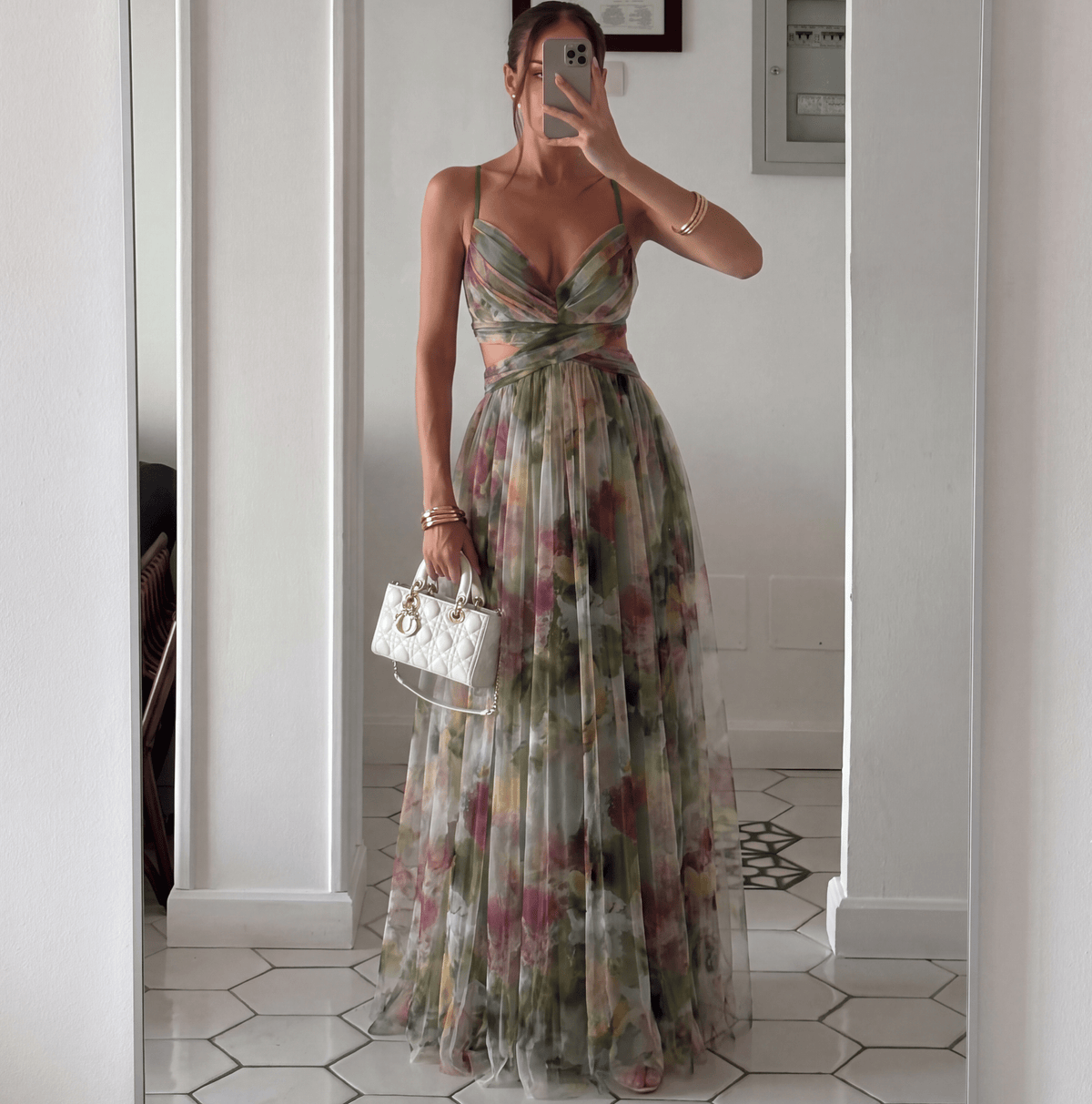 Vestido largo de malla con estampado floral Emma