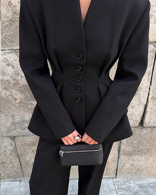 Blazer de cuello en V con cintura fruncida Empress