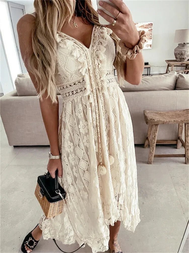 Vestido largo Esra sin mangas, de encaje y con escote en V