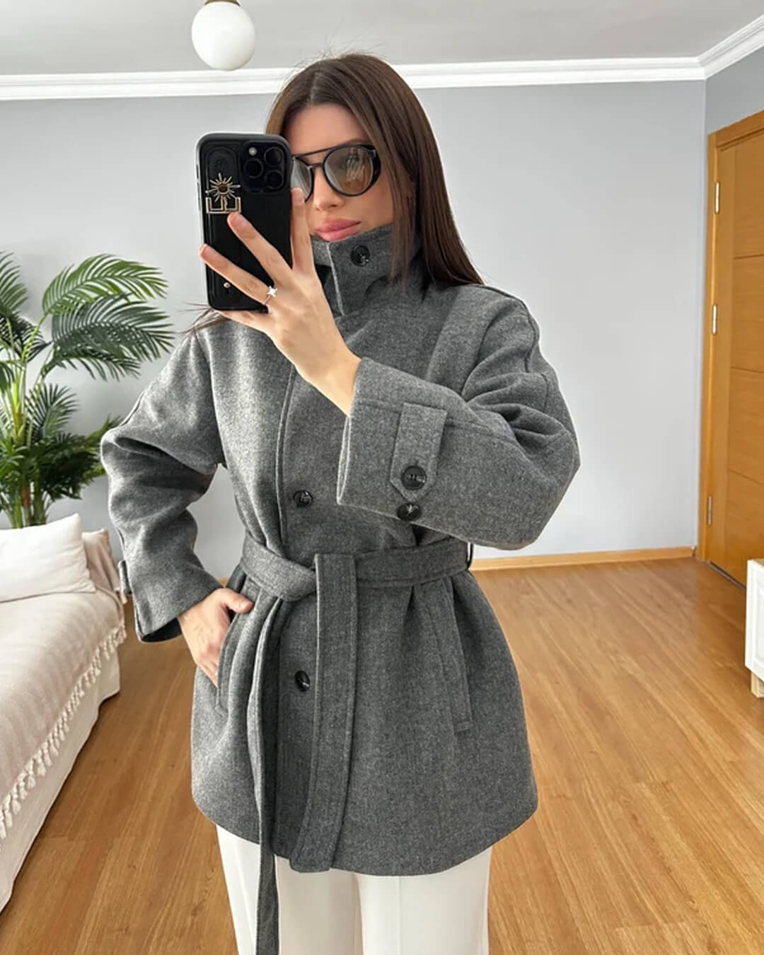 Abrigo de lana sintética Felly con cinturón