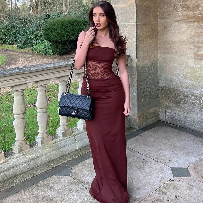 Vestido largo de georgette con encaje y cintura de malla