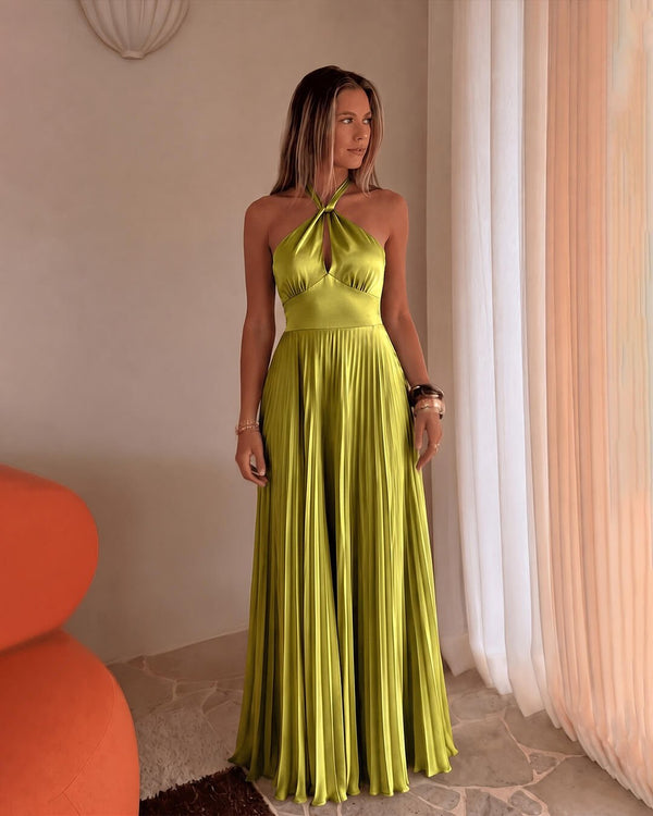Vestido largo plisado con cuello halter Georgia
