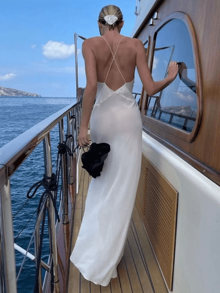 Vestido largo lencero semitransparente con escote en V pronunciado Ginevra