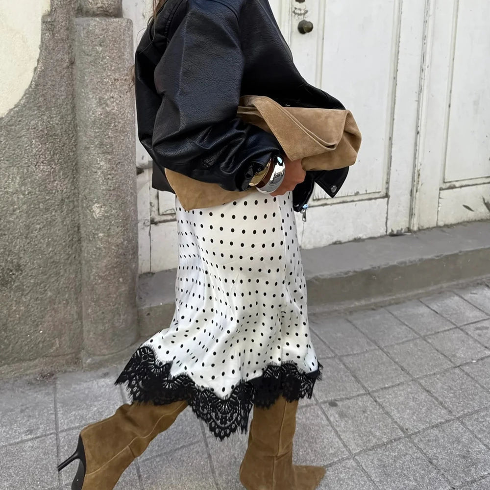 Falda midi de lunares con ribete de encaje Hadley