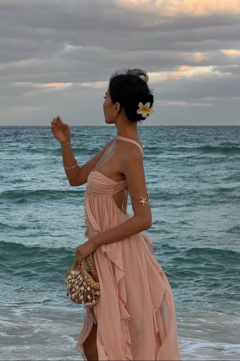Vestido largo con volantes sin tirantes Harper