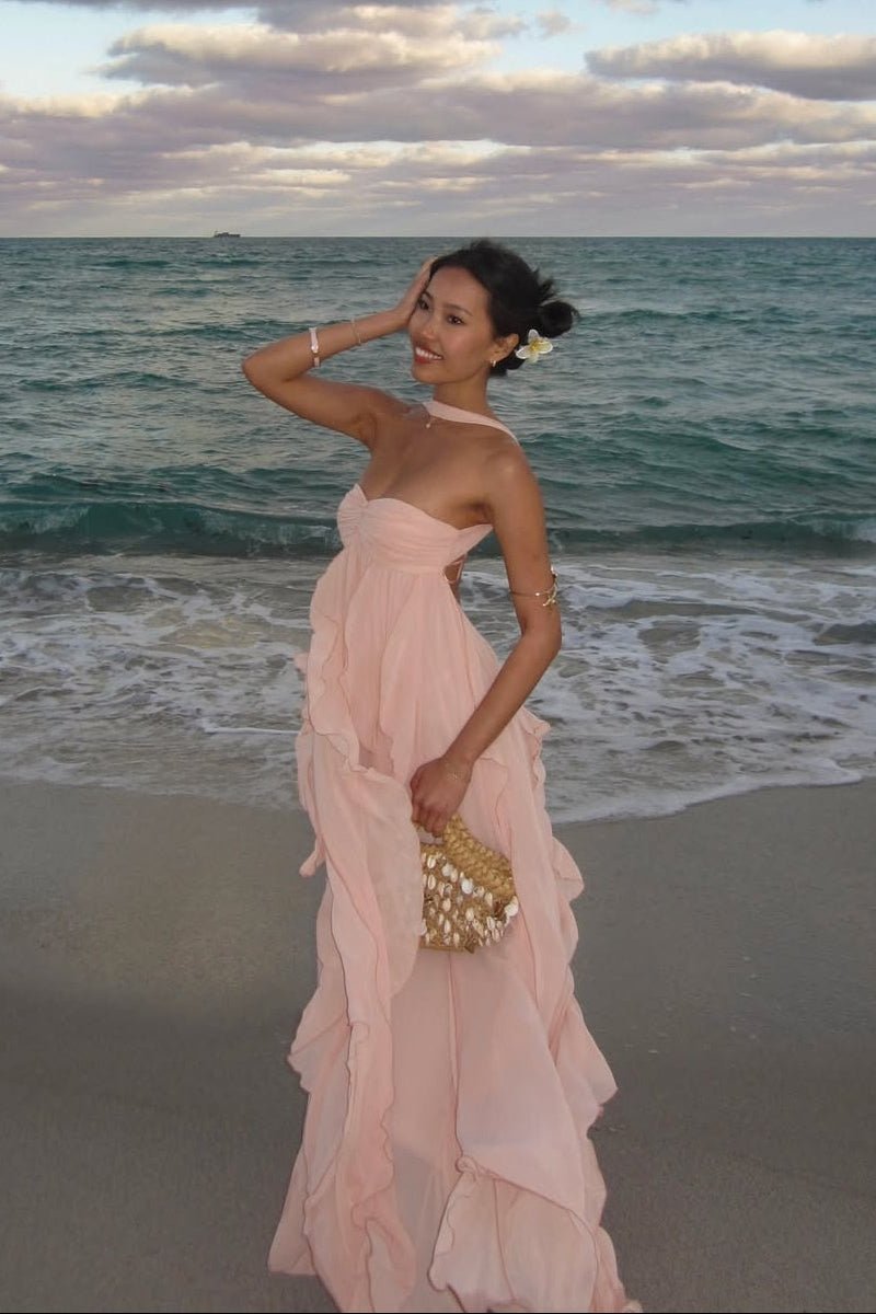 Vestido largo con volantes sin tirantes Harper