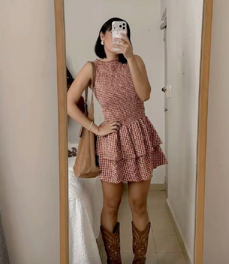 Vestido corto de cuadros fruncido Hazel