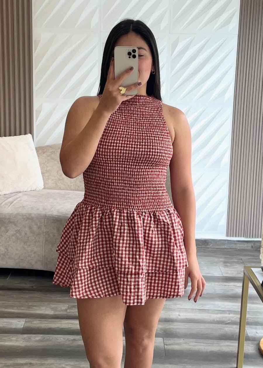 Vestido corto de cuadros fruncido Hazel