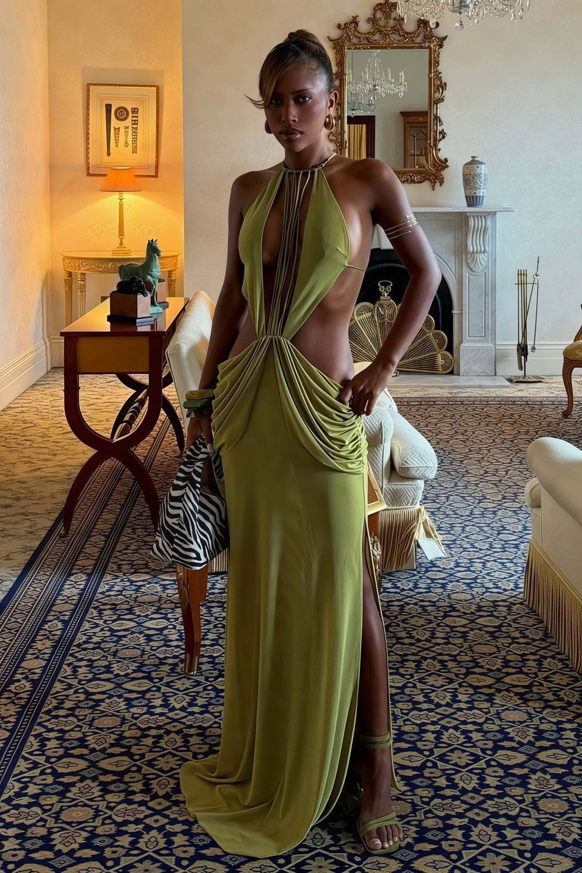 Vestido largo con cuello halter y cuentas Hillary