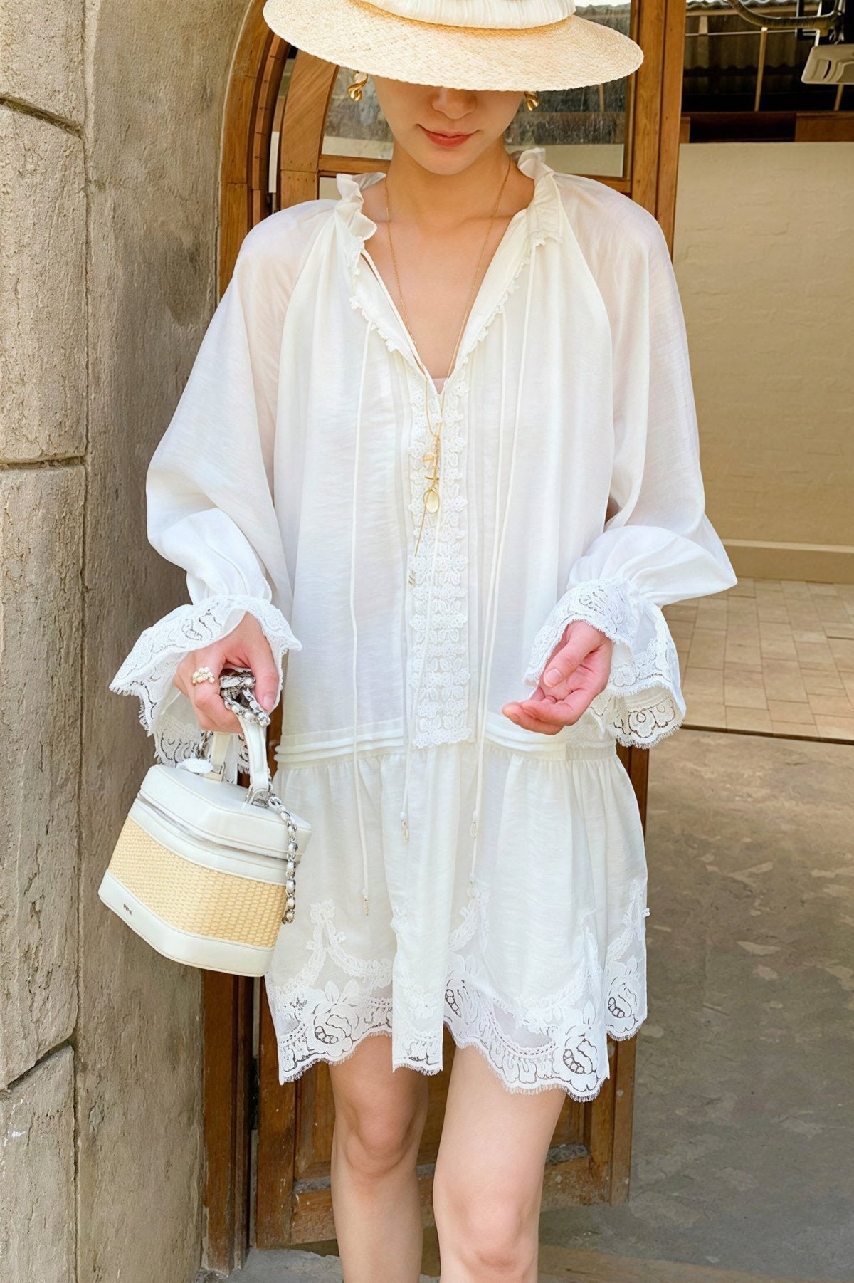Vestido midi de lino y encaje de patchwork Imara