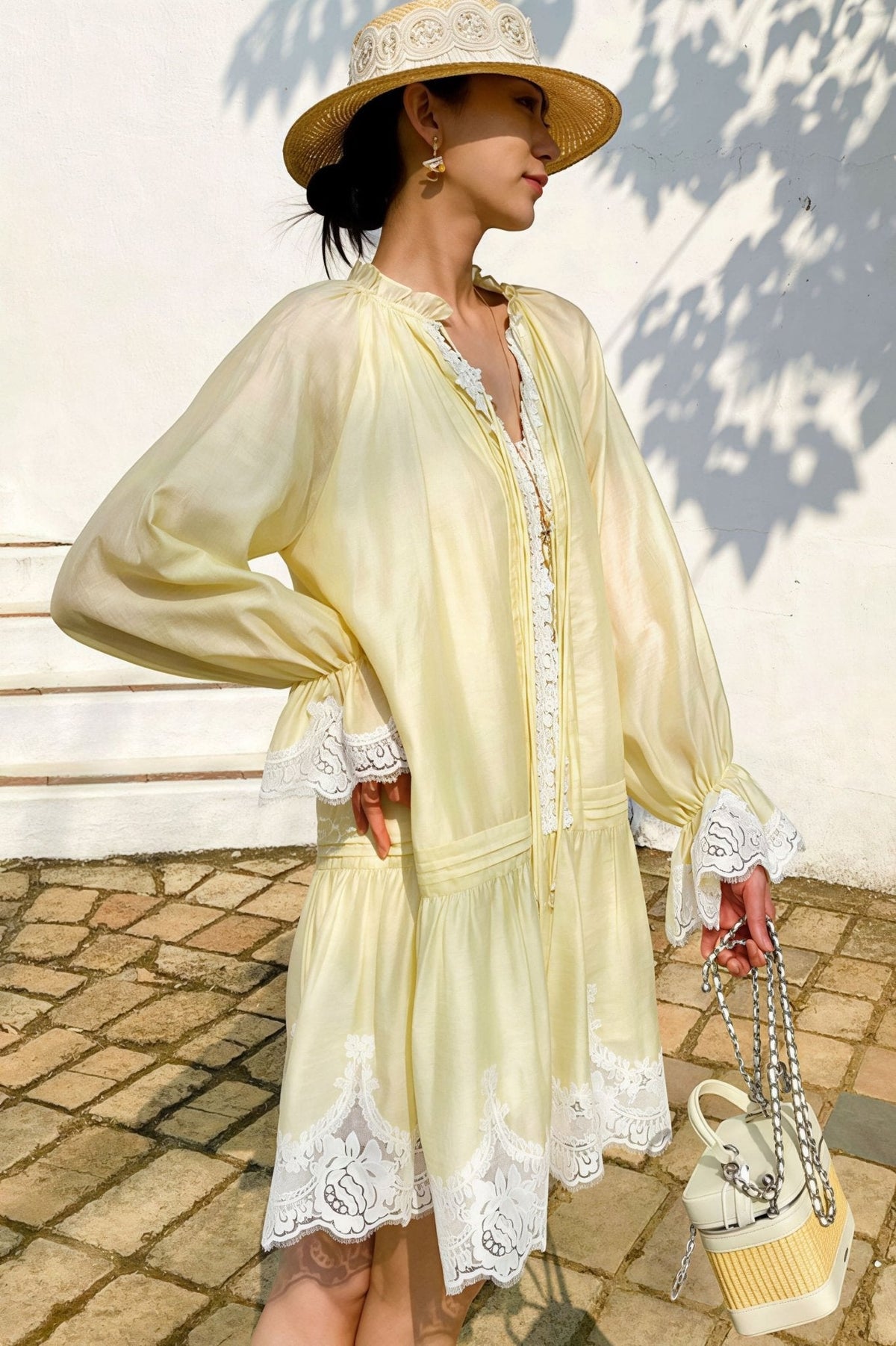 Vestido midi de lino y encaje de patchwork Imara