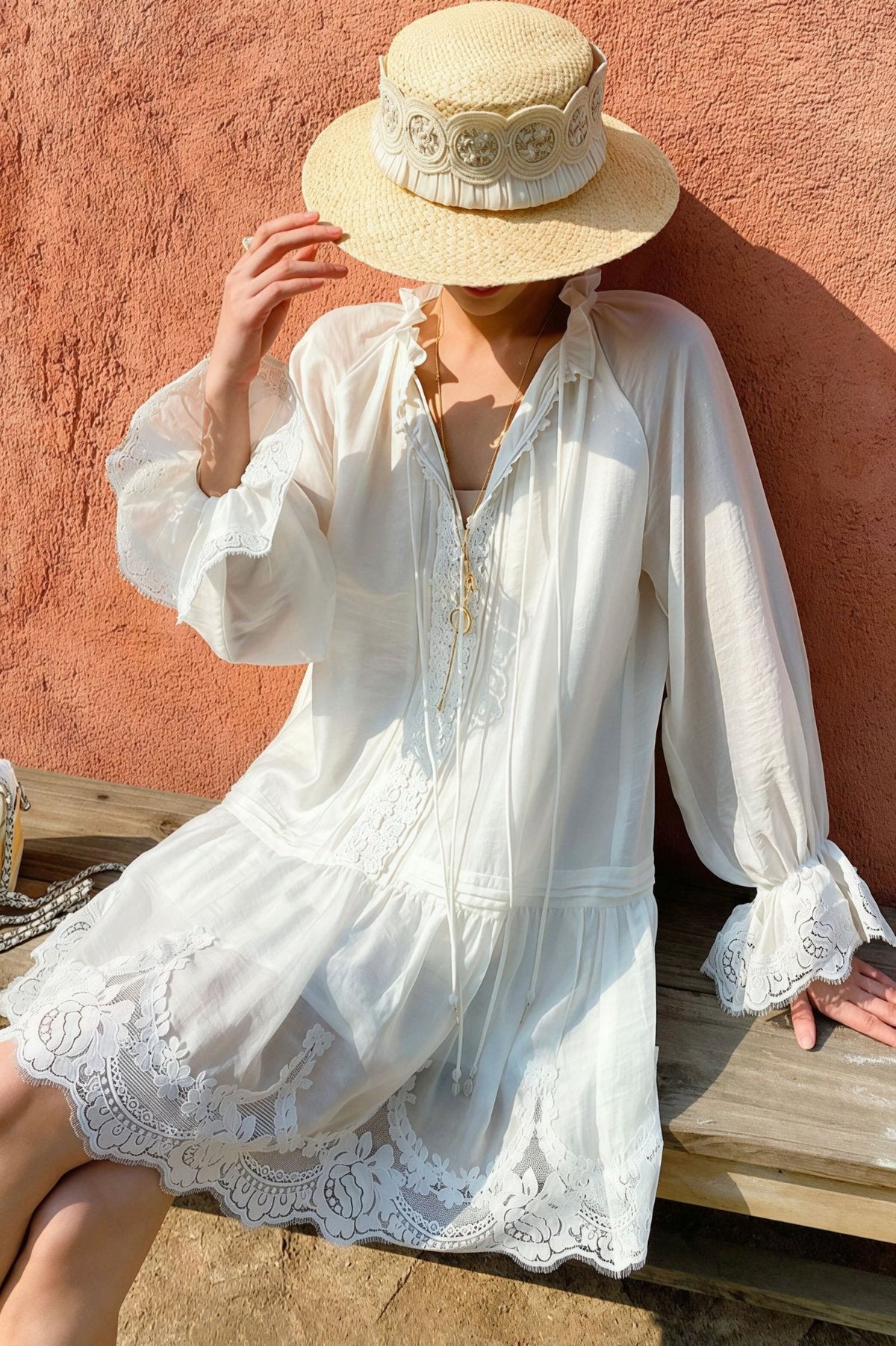 Vestido midi de lino y encaje de patchwork Imara
