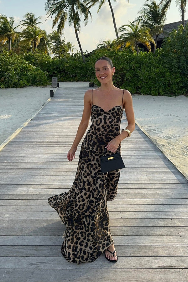 Vestido largo de tirantes finos con estampado de leopardo Imogen