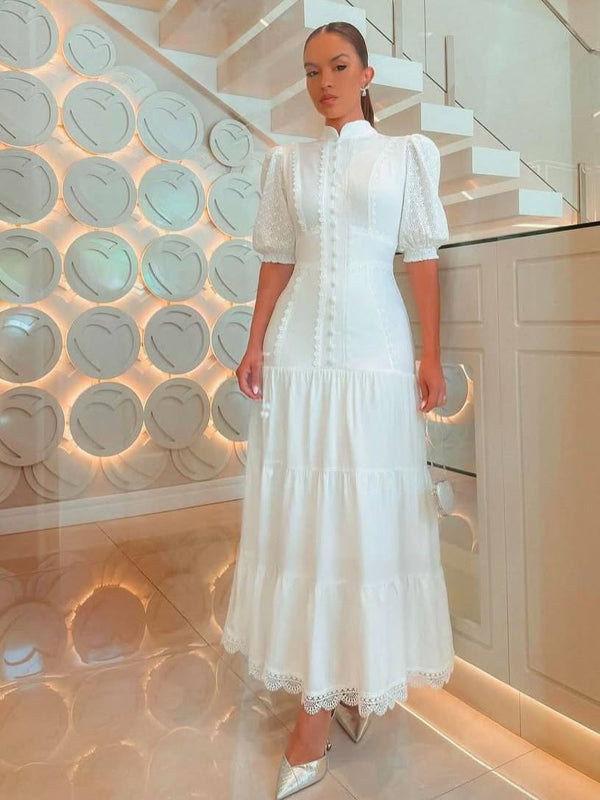 Isabelle Eyelet Lace Puff Sleeves Midi Dress