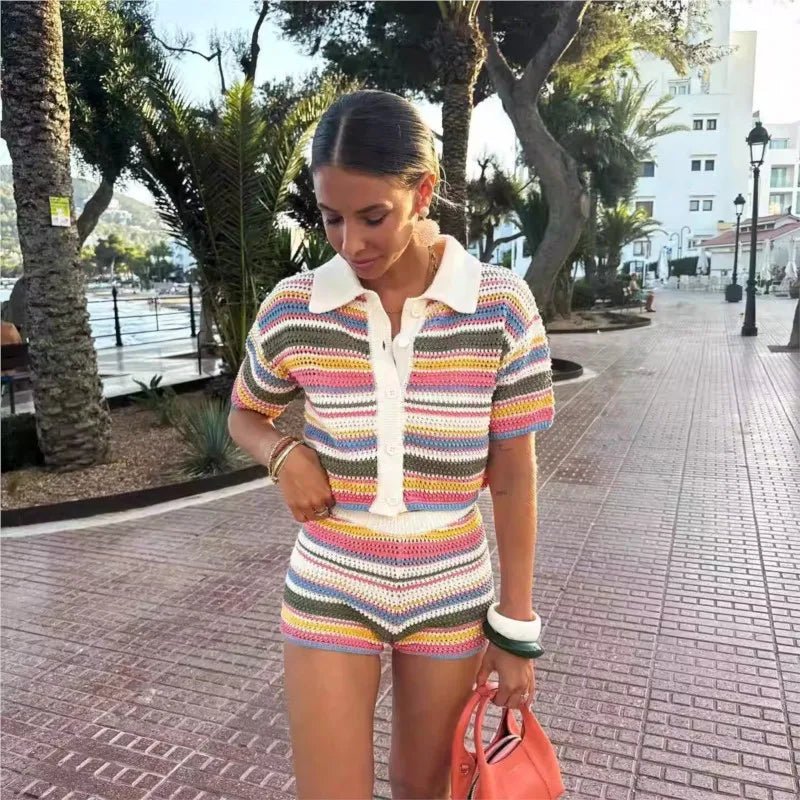 Conjunto de suéter corto de ganchillo y shorts Jasmin