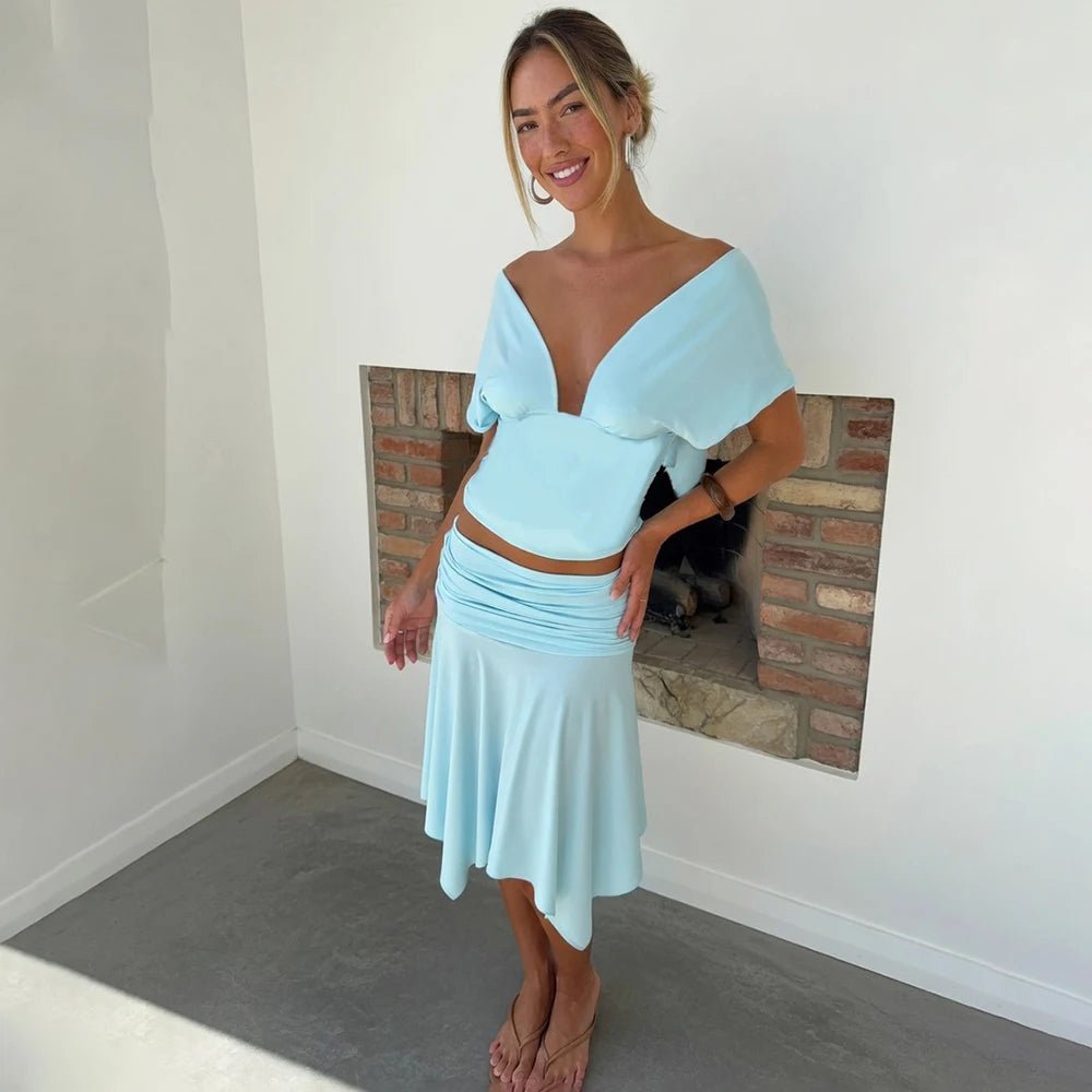 Conjunto Jenna de top y falda con hombros descubiertos