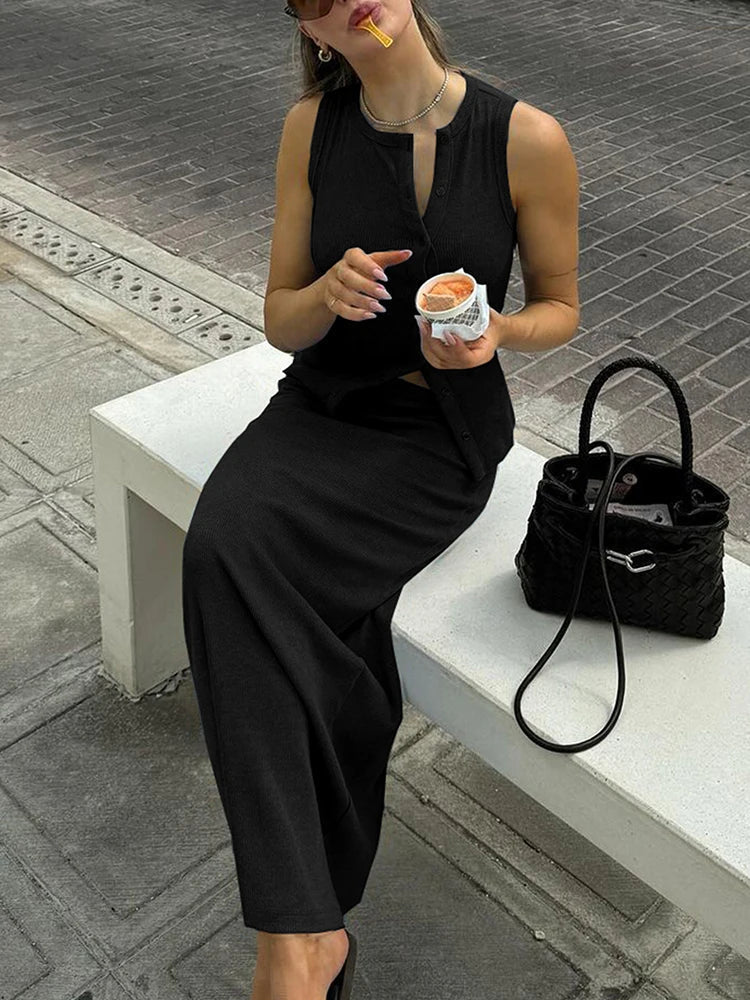 Jenny Ribbed Single-Breasted Top & Maxi Skirt Set