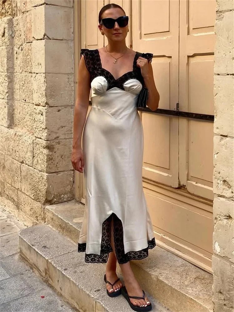 Vestido largo de satén y encaje Joanna