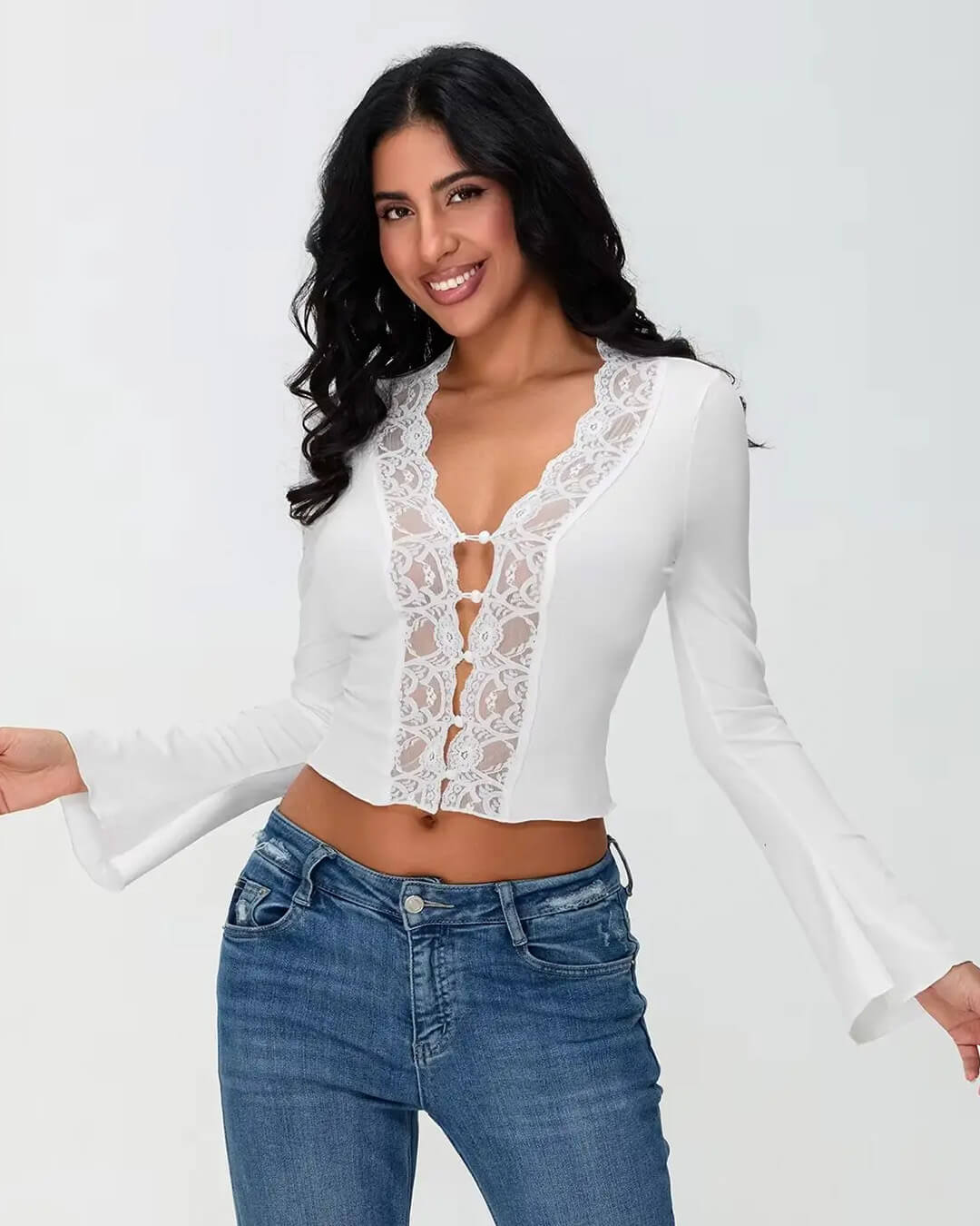 Blusa Julia de manga larga con ribete de encaje