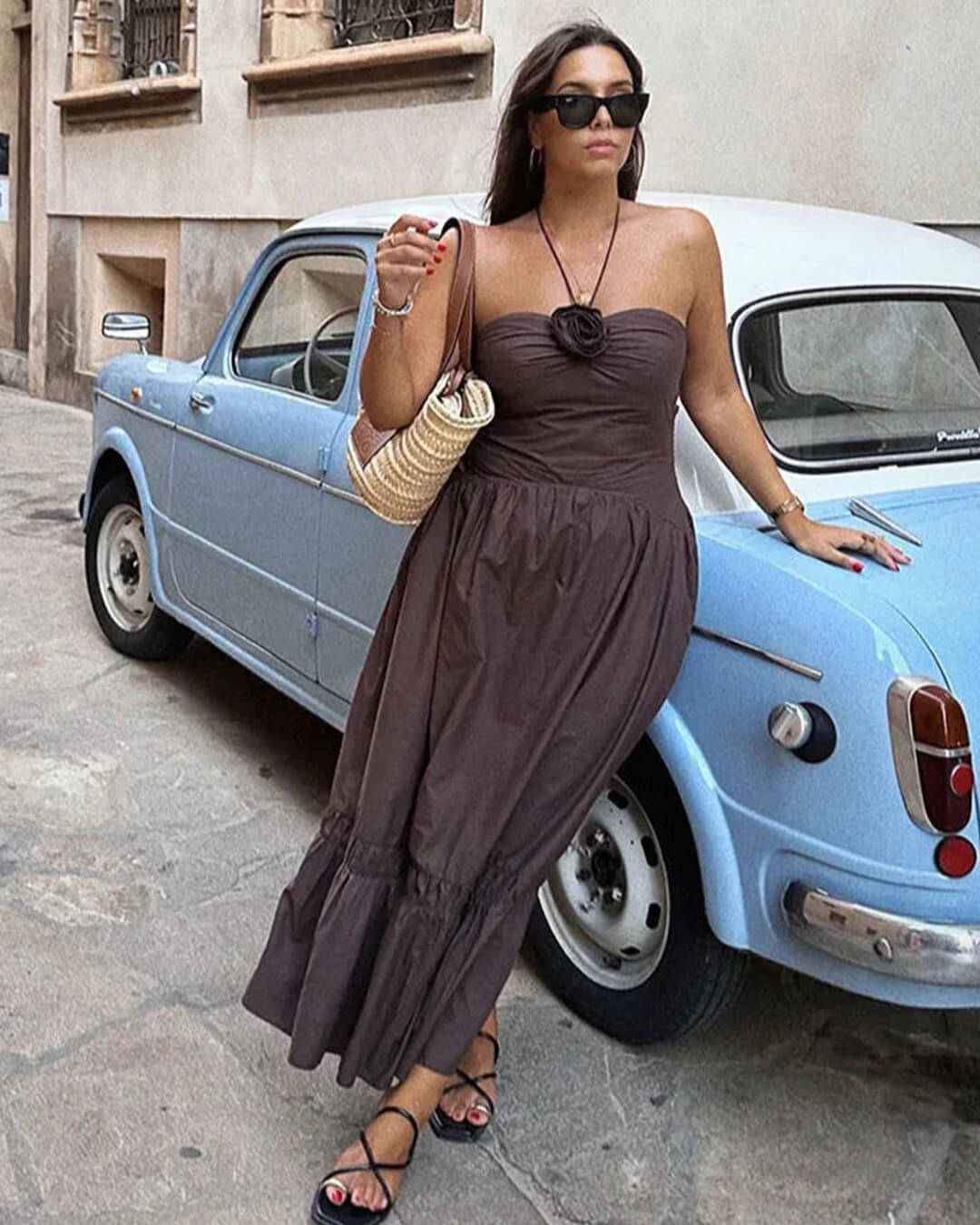 Vestido midi halter con aplique de flores Kate