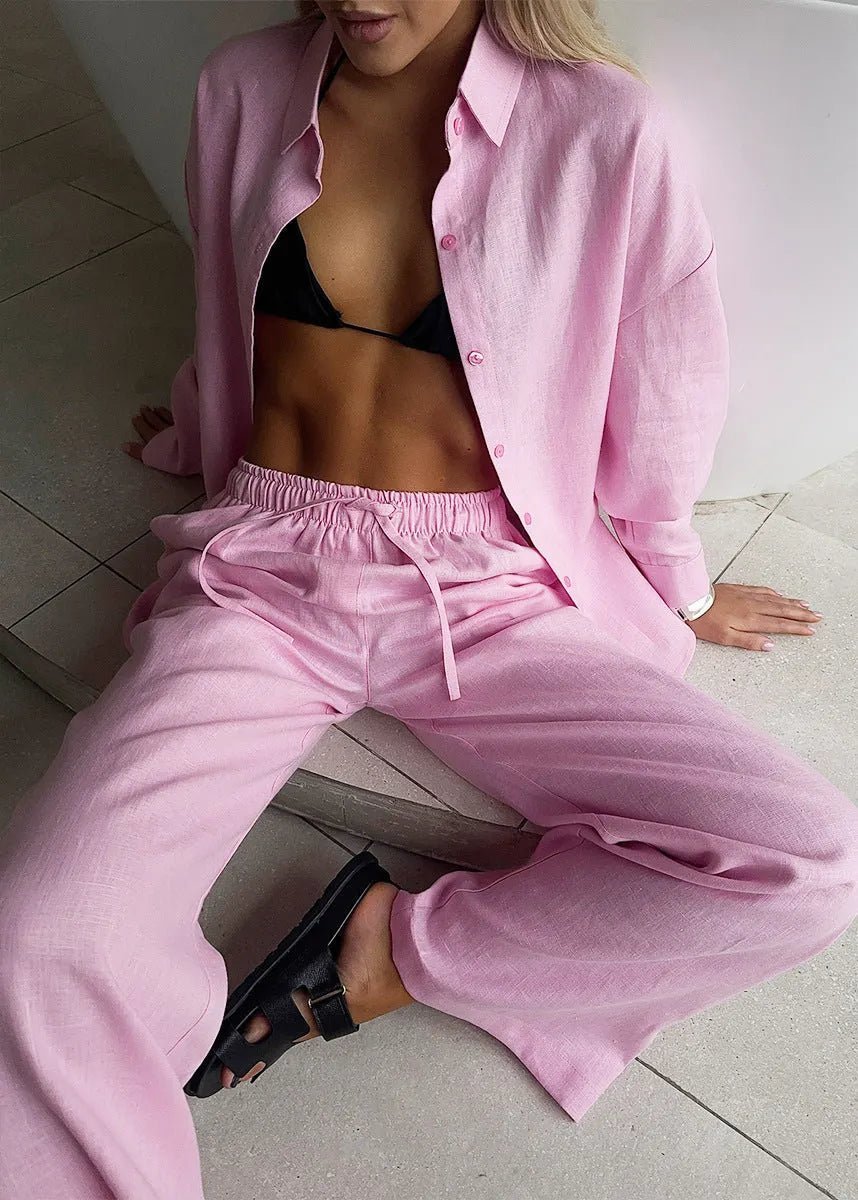Conjunto de estar por casa de algodón Katie con camisa abotonada y pantalones anchos