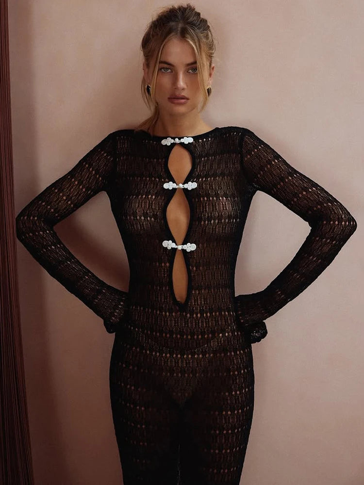 Vestido largo de encaje, espalda descubierta y aberturas