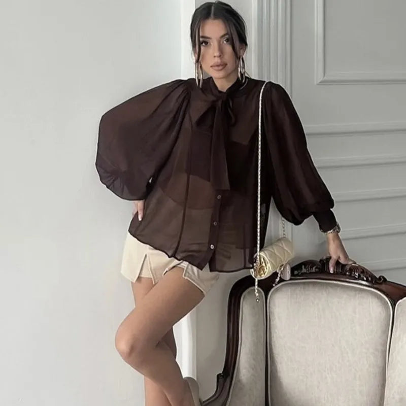Blusa transparente con cuello lazada Flavia