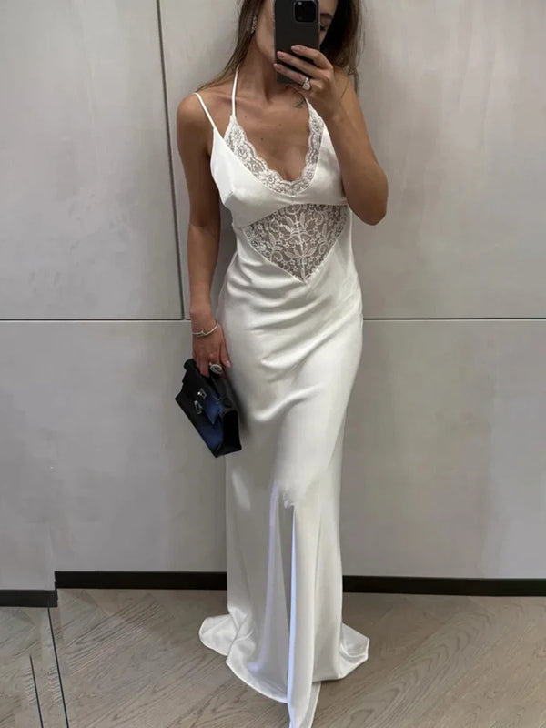 Vestido largo de encaje con escote en V y cordones