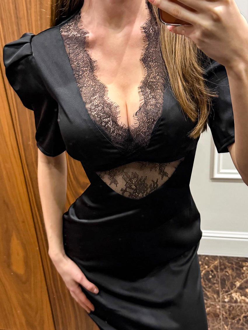 Vestido largo satinado con inserción de encaje Helene