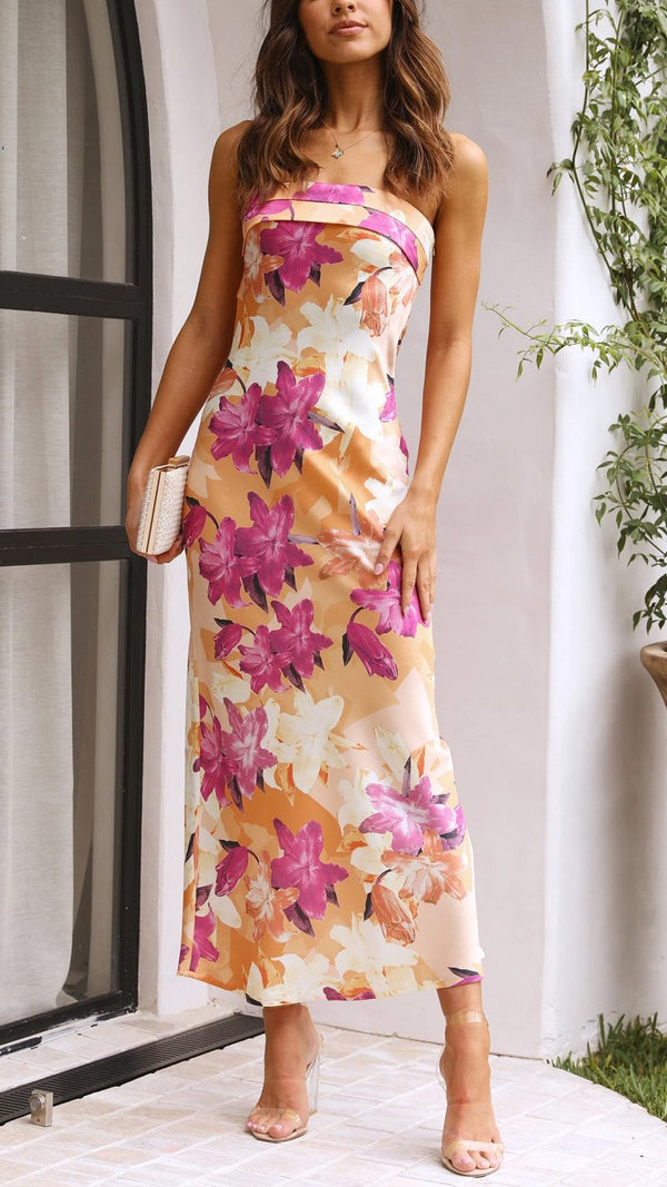 Vestido largo floral sin tirantes Laura