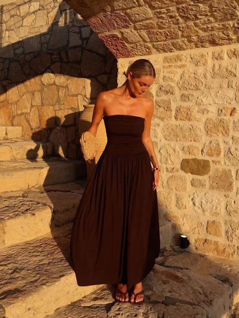 Vestido largo fruncido sin tirantes Lauren