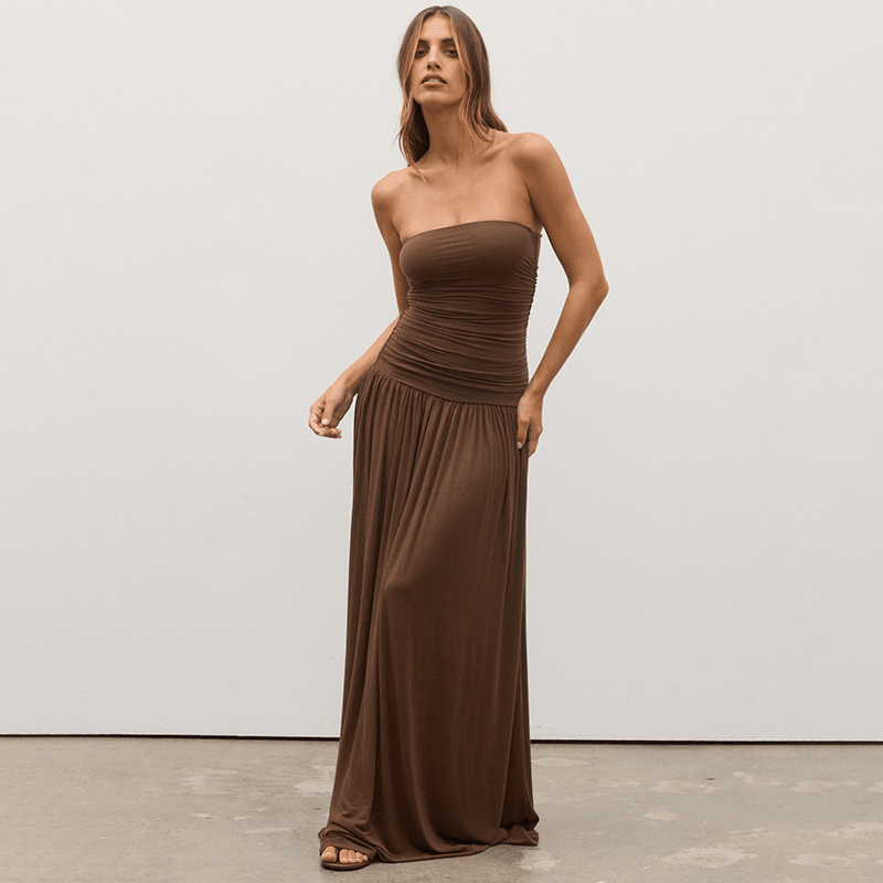 Vestido largo fruncido sin tirantes Lauren