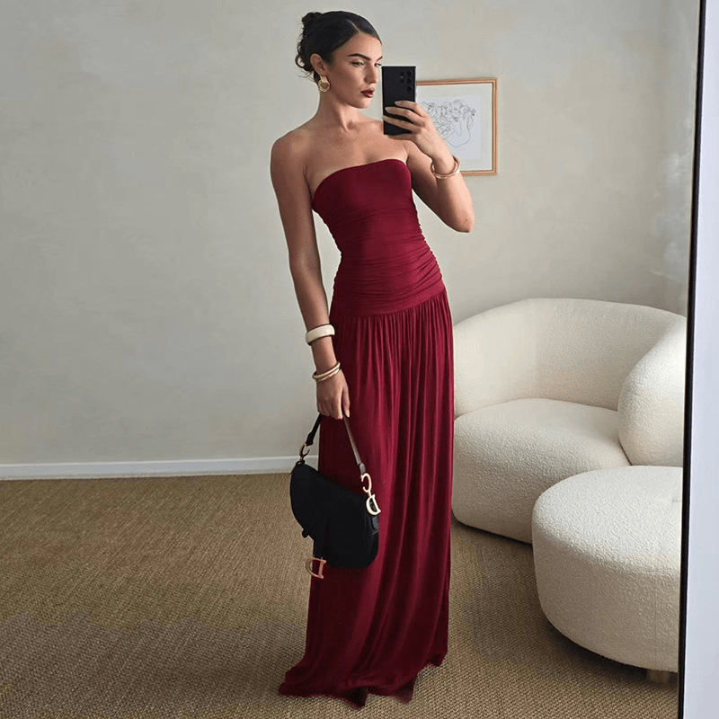 Vestido largo fruncido sin tirantes Lauren