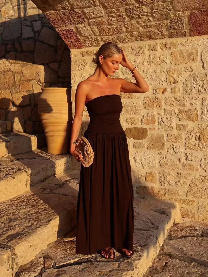 Vestido largo fruncido sin tirantes Lauren