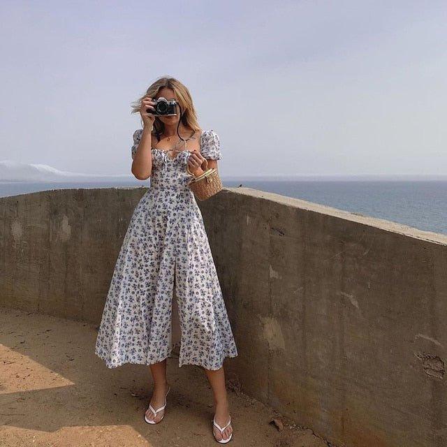 Vestido midi floral con mangas abullonadas Lena