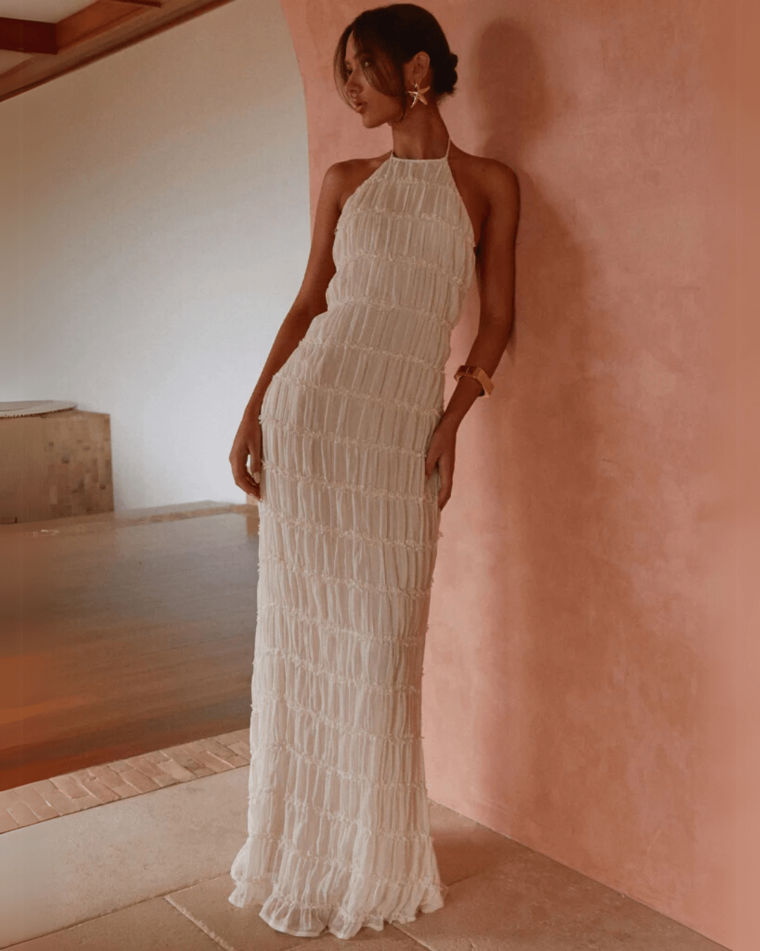 Vestido largo Leslie con textura esculpida y sin espalda